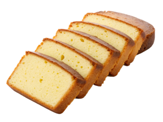 Five slices of pound cake neatly arranged in an overlapping stack on a clean, white background.