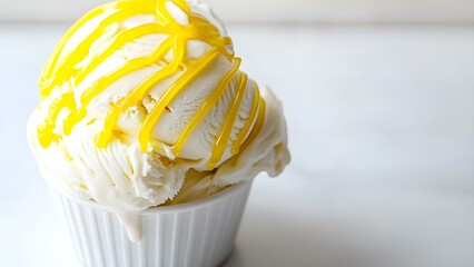 A scoop of vanilla ice cream topped with yellow drizzle, likely a fruit syrup, in a white bowl. Concept Vanilla Ice Cream, Fruit Syrup Topping, Dessert Presentation, Sweet Treats, Bowl Aesthetics