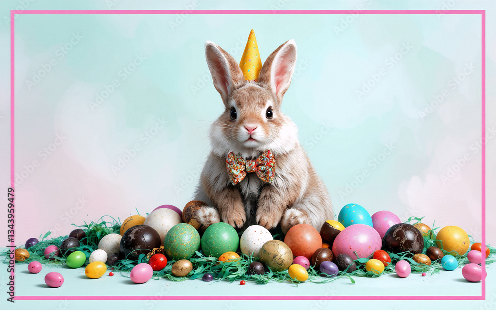 Poster a charming bunny with a party hat and bowtie is surrounded by colorful easter eggs on green grass, c