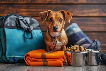 A disaster supply kit with pet essentials, including food, leash, and portable water bowls