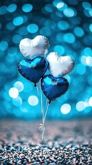  A few blue-hearted balloons rest atop a blue and white tablecloth, lit by blue and white background lights
