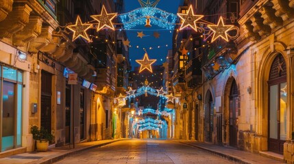 Festive street view decorated with twinkling Christmas lights in Valletta, Malta