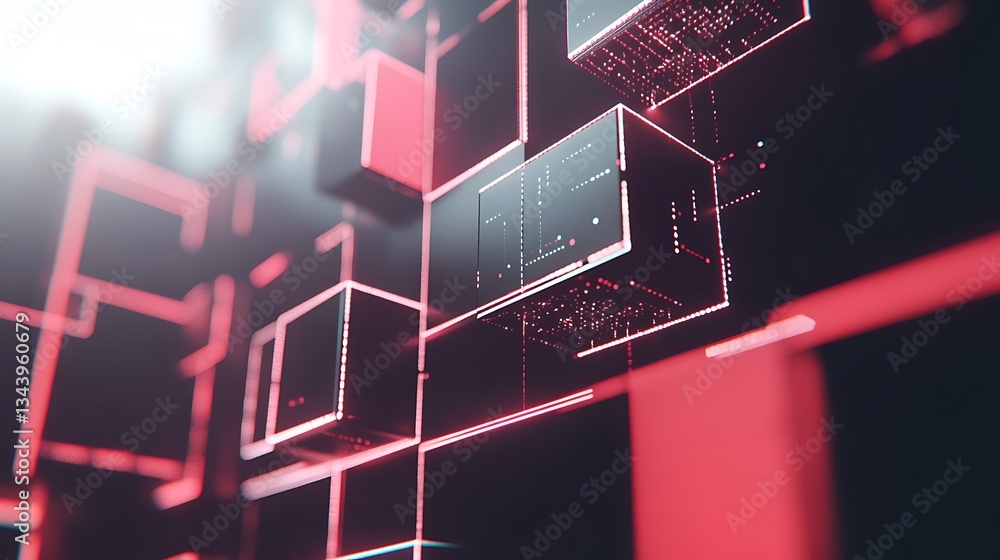 Poster red illuminated cubes connected by light beams form abstract patterns