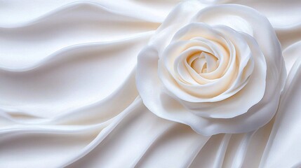  A satin-sheeted white rose in a close-up, with its center perfectly aligned