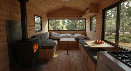 Fototapeta premium Cozy Wood Cabin Interior with Fireplace and Forest View