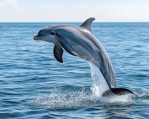 Fototapeta premium A beautiful dolphin leaping out of the blue ocean water