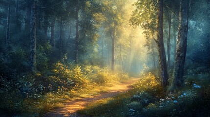 A forest trail in sunlight, a beautiful backdrop for meditative or nature projects that create an atmosphere of peace and tranquility