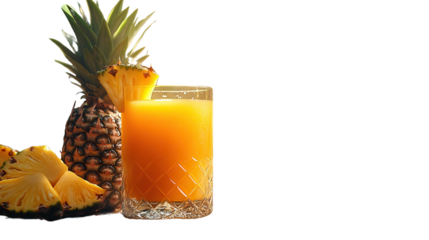 Tropical Refreshment: A vivid presentation featuring a full pineapple, a glass of refreshing pineapple juice, and sliced pineapple chunks, evoking a taste of summer and healthy hydration.