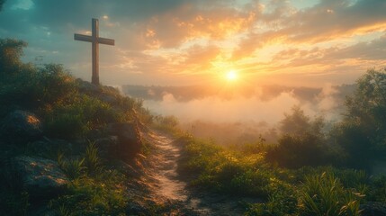 Hilltop Cross at Sunrise, Pathway to Faith, Easter Celebration, Christian Symbol of Hope and Resurrection