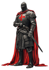 Fototapeta premium PNG Medieval knight in armor with red cross and cape