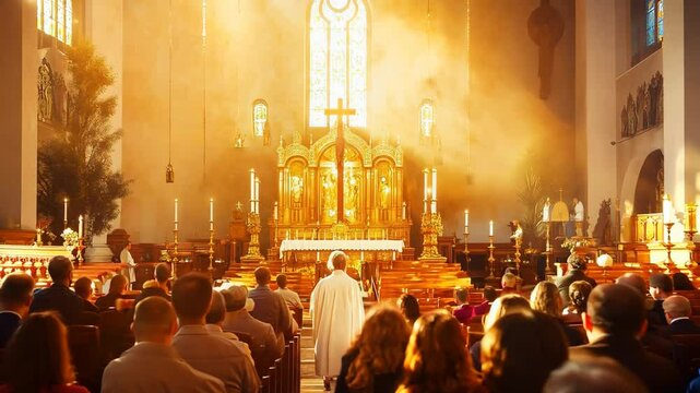 During a serene worship service, sunlight streams into the church, creating an ethereal ambiance. The congregation is focused on the altar where the priest leads heartfelt prayers and reflections
