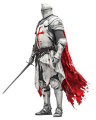 Fototapeta premium Knight in full armor with a red cape and sword