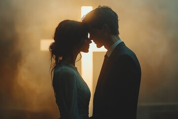 Couple in White Clothes Contemplating the Cross of Jesus in a Church Setting