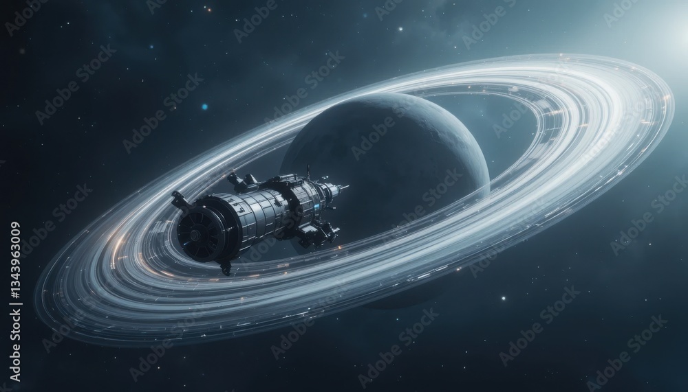 Poster spaceship orbiting a ringed planet in deep space