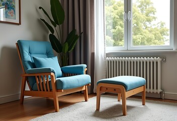 Contemporary Wooden Recliner: Lounge Sofa with a Blue Cushion and Footstool, Enhancing Modern Bedroom Aesthetics, Home Comfort, and Stylish Interior Design Elements.

