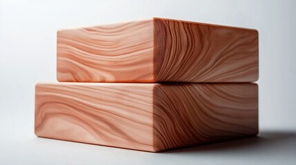  Two wooden blocks rest atop a white surface with a lightly-colored, wood-grained middle