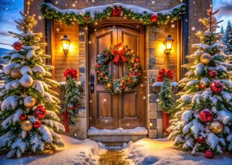 Festive Daybreak Utah Front Door, Snowy Winter Macro Photography