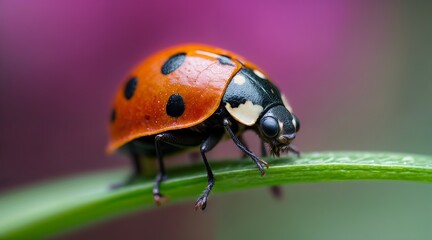 Fototapeta premium Ladybug on Leaf: Captivating close-up of a vibrant ladybug perched delicately on a vibrant green leaf, set against a soft, colorful backdrop. a miniature marvel of nature's design.