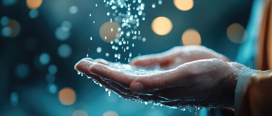 Fototapeta premium Captivating water droplets falling into open hands indoor setting photography serene atmosphere close-up view concept of purity and renewal