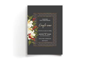 WEDDING INVITATION FRAME WITH FLOWER DECORATIONS AND FRESH LEAVES