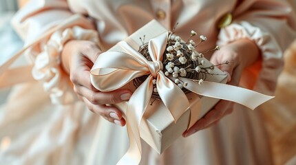 Woman holding a beautifully wrapped gift with floral accents, Nest party concept  