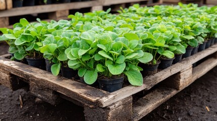 Vibrant green seedlings in small pots arranged on a wooden pallet, perfect for gardening, agriculture, or eco-friendly projects, Ideal for planting guides, farming articles, or nursery promotions,