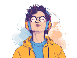 Young man with headphones listening to music. Vector illustration in sketch style.