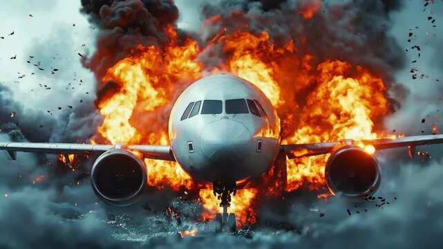 A dramatic explosion occurs as an airplane crashes on the ground, creating a massive fireball and clouds of smoke. Debris spreads throughout the area, highlighting the intensity of the event