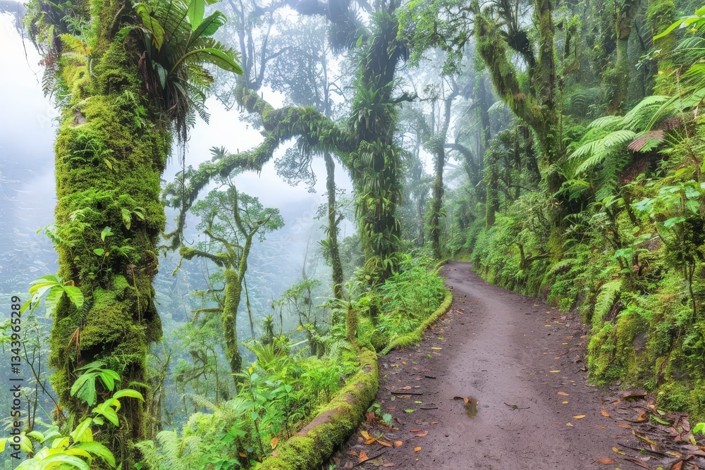 Poster a forest path with moss growing on the trees
