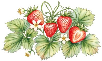 Vibrant strawberries with leaves