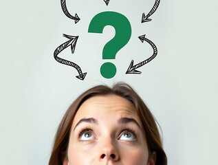 Curious woman looking up at a green question mark, surrounded by hand-drawn arrows in various directions, symbolizing decision-making, contemplation, and curiosity.