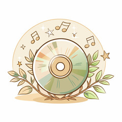 Illustration of a music CD surrounded by musical notes and green leaves, depicting the concept of music appreciation, creativity, and the joy of listening to music in a serene setting.