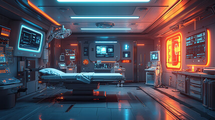 A brightly lit, futuristic operating room showcasing advanced medical equipment and a sterile environment.