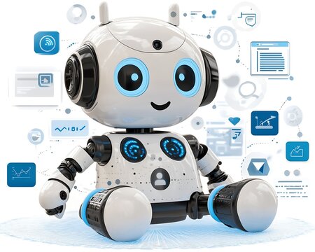 A smiling friendly robot interacting with informational icons and graphics