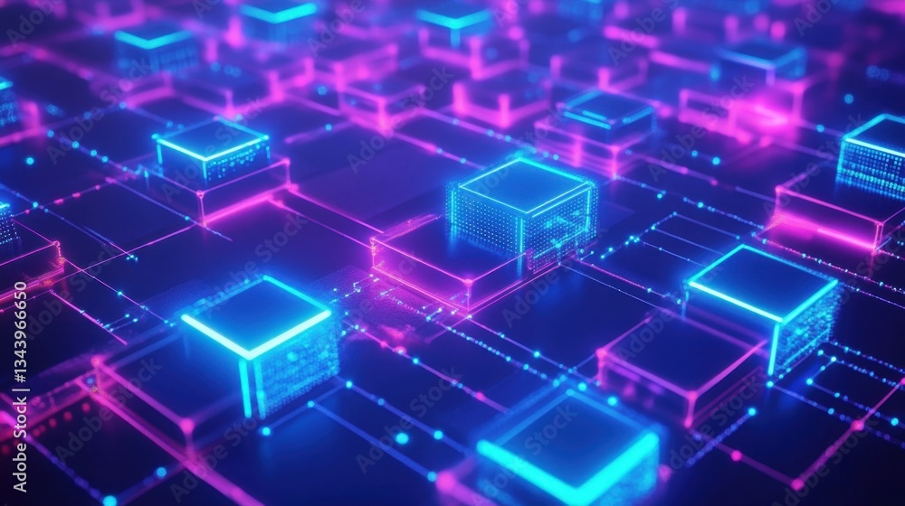 Poster abstract blockchain grid with neon blue and purple nodes, distributed ledger technology in action