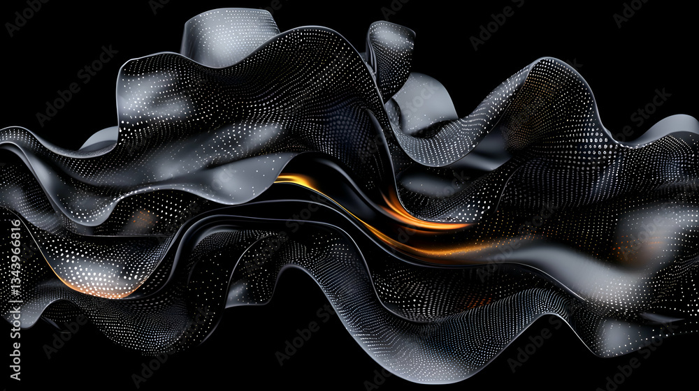 Fototapete abstract wavy pattern texture with black background and metallic shine in modern design
