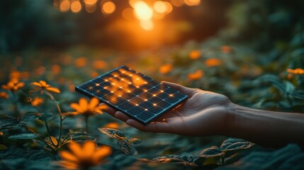 Hand holding solar panel in garden