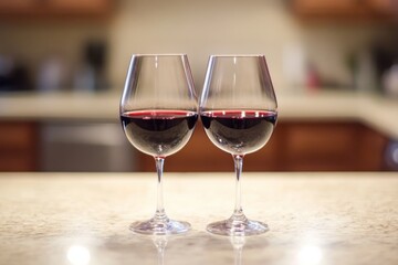 Elegant red wine glasses on a countertop for romantic dinner setting
