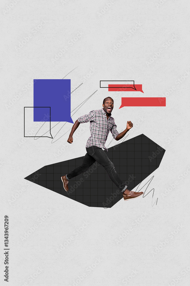 Poster Composite art 3d creative image collage of happy guy run communication speech bubble dialogue notification cloud talk icon