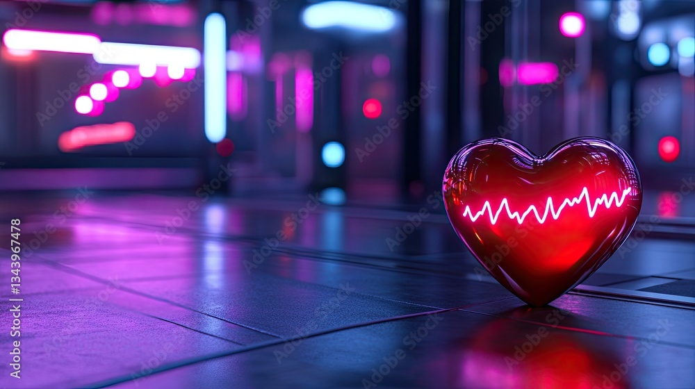 Poster neon heart with pulse line in futuristic urban setting