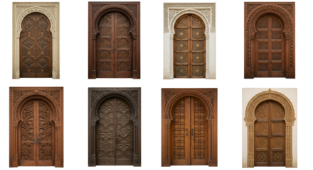 Eight Intricately Carved Wooden Doors with Arched Designs and Geometric Floral Patterns
