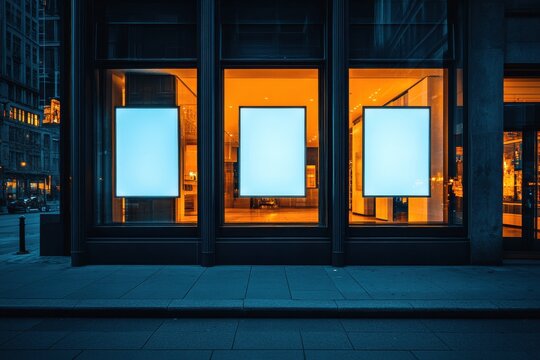 Empty Storefront Windows at Night with Neon Blue Light Glow