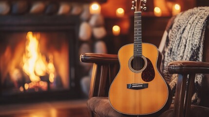 Fototapeta premium Acoustic Guitar by Cozy Fireplace in Warm and Inviting Home Setting
