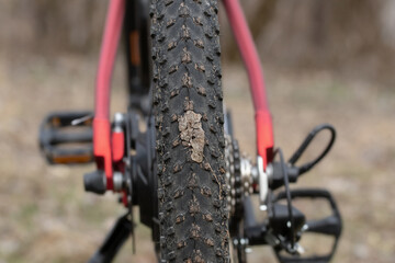 Fototapeta premium Bicycle wheel tire close-up.A bicycle tire with a large tread in the dried mud after a ride.