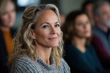 Fototapeta premium A poised woman sits among an audience, exuding confidence and wisdom, her curly hair framing a face that reflects engagement and attentiveness in a professional environment.