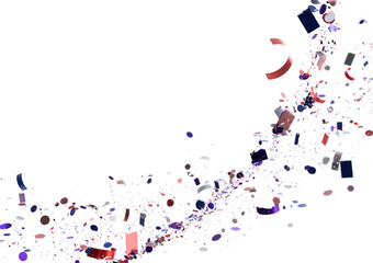Red, blue, and purple confetti falling on white background. Perfect for celebration, party, and festive designs.