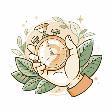 A hand holding a vintage stopwatch surrounded by green leaves, representing the concept of time management, productivity, and the connection between nature and time tracking.