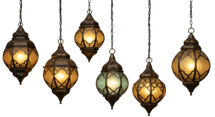 Five Intricately Designed Bronze Arabic Lanterns with Warm Glow