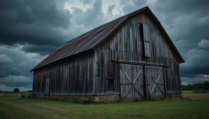 Obraz premium Rustic Charm An Old Wooden Barn Stands Against a Dramatic Sky A Timeless Scene of Rural America Beauty and Simplicity