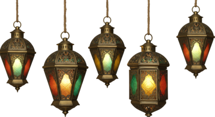Five Ornate Hanging Lanterns with Multicolored Glass Panels on Transparent Background